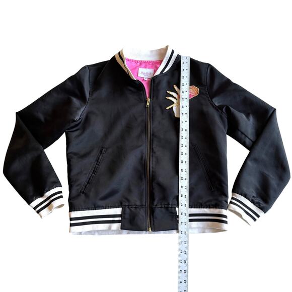 Big Bud Press Stem to Stem Embroidered Roses Poly Satin Black Bomber Jacket M - Picture 13 of 13